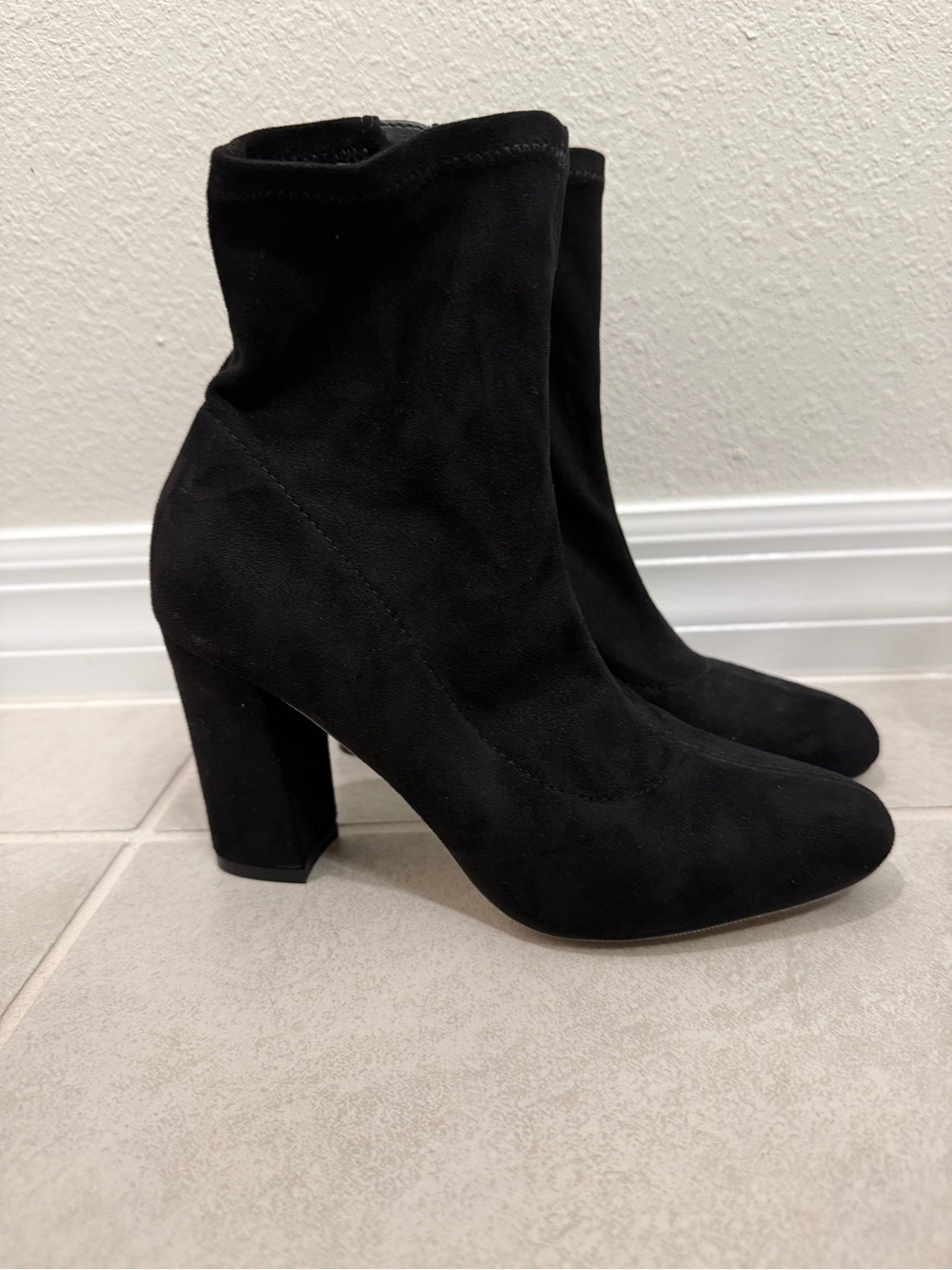 Steve Madden Emina Black Stretch Suede Ankle Boots with Block Heel